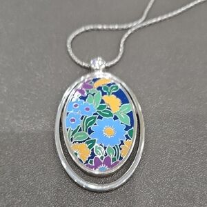 Brighton Floral Enamel Oval Pendant Necklace - Blue, Yellow & Purple